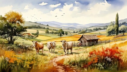 Watercolor painting of farm animals