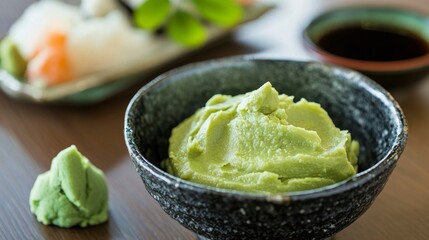 Obraz premium Delicious wasabi paste and soy sauce pairing japanese cuisine food photography indoor dining close-up culinary experience