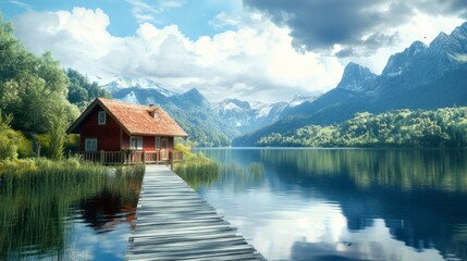 Fototapeta premium Tranquil lakeside cottage retreat serene mountain landscape scenic photography peaceful environment panoramic view nature escape