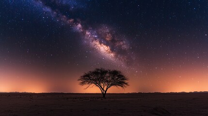Starry sky over lone tree in desert landscape