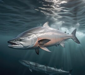 Fototapeta premium A majestic silver salmon glides through the ocean currents , ocean, finned, scales