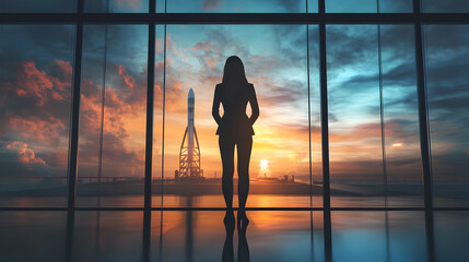 Woman Silhouette Against Rocket Launch Pad at Sunset with Clouds