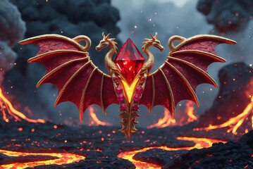 Regal Dragon Wing Frontlet with Fiery Red and Gold Metallic Textures, Ruby Gemstones, and a Glowing Ember Gem Set Against a Volcanic Landscape with Lava Streams and Rising Smoke