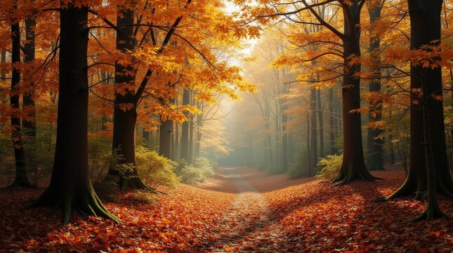 Autumn foliage lights up a serene forest path during the golden hour in early evening