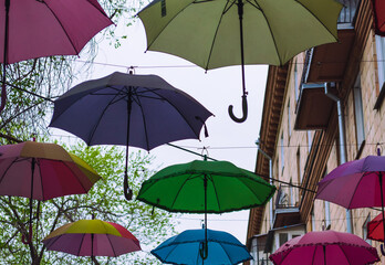 Colorful Umbrellas Hanging Outdoors in Spring