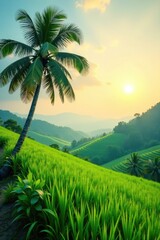 Obraz premium The earthy scent of coconut palms wafts through the air amidst a tranquil landscape of rolling green rice fields, tropical, scent, coconut palm earthy scent