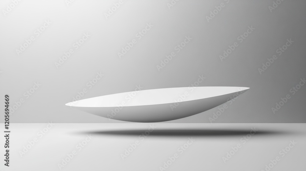 Poster minimalist floating white shape on a solid gray background, elegant and clean design, with shadow ca