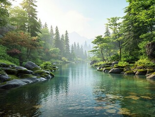 Naklejka premium A meandering river with gentle ripples in its flow, surrounded by lush greenery and smooth rocks, rock formations, wavy waters, leafy surroundings, natural landscapes