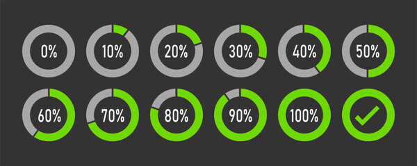 Circle percentage indicator vector icon set in blue and black color. Process bar. Download process from 0 to 100 percent vector illustration on white background.