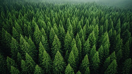 Expansive green pine forest stretches across the landscape under a misty sky at dawn