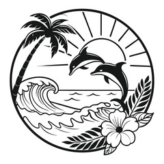 Relaxing Tropical Beach with Sea Turtle Illustration
