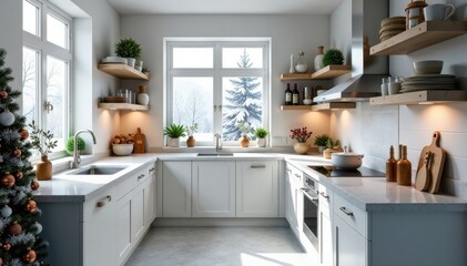 Winter wonderland kitchen with snowy decorations, white, festive, holiday
