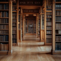 A grand classic library with wooden shelves and arched windows, symbolizing literary heritage. Ideal for education and cultural themes.
