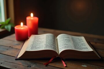 Wooden table with open Bible and a few candles lit nearby, bible, candlelight, serene background