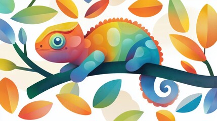 Fototapeta premium Vibrant Chameleon Kids' Art with Leafy Background