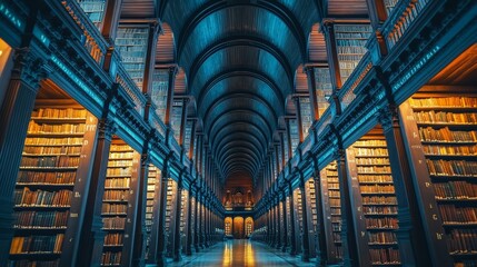 A grand classic library with wooden shelves and arched windows, symbolizing literary heritage. Ideal for education and cultural themes.