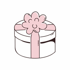 Round gift box with pink bow. Contour vector illustration.
