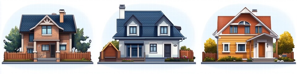 Illustration of three different styles of suburban Cottage houses in a row.