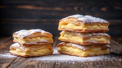 Flaky pastry layers revealing creamy white filling with a golden brown glaze and powdered sugar sprinkled around , dessert table, golden