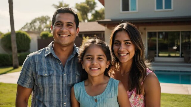 Hispanic Family of Three - Father in Blue Chambray, Daughter in Light Blue Tank, Mother in Pink Floral - Luxury Home Pool Tour Video