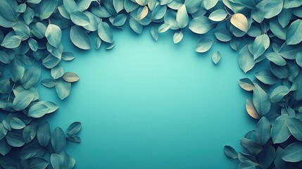 Teal background with green leaves border.