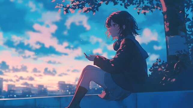 Serene anime girl sitting alone, absorbed in peaceful reflection at a quiet park during the evening