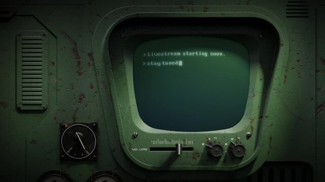 3D Render SciFi dystopian battered metal Control Panel. On a small TV screen appears Computer retro style Text. Livestream starting soon. Preloader. Connection breaking up glitch effect.