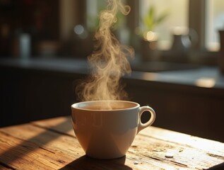 Warm cup of coffee releases steam in cozy kitchen during morning light