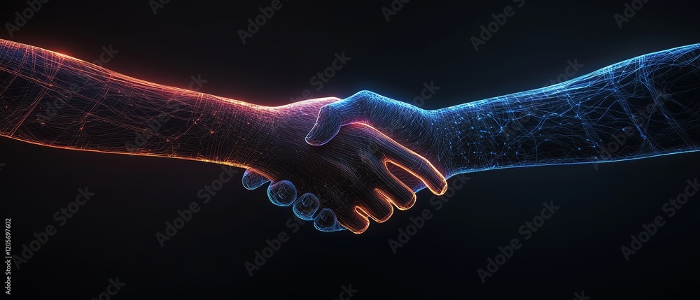 Poster a dynamic handshake between two futuristic robotic arms, symbolizing partnership and technological c