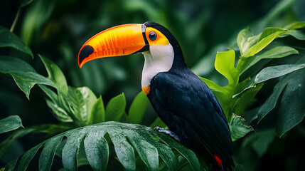 Naklejka premium Vibrant Toucan Sitting on Leaf Amid Lush Green Tropical Foliage