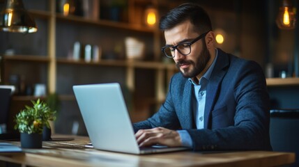 Open laptop with blank screen on a wooden desk in a kitchen room home office