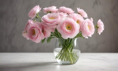 Obraz premium Soft focus pink and white ranunculus blossoms in a glass vase, delicate, beauty