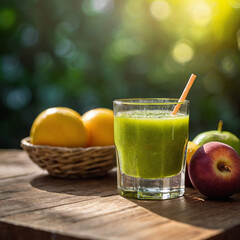 Fototapeta premium glass of green juice, apples and oranges fruits bokeh background 
