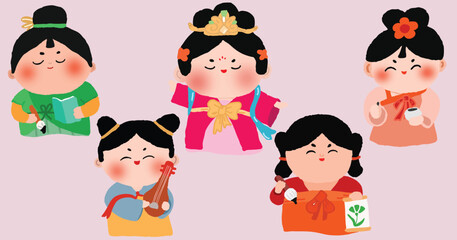 A set of different tradition Chinese girls in national costumes. Different hairstyles and traditional Chinese clothing. Queen, concubines, princesses, and maids. Vector isolated characters, stickers