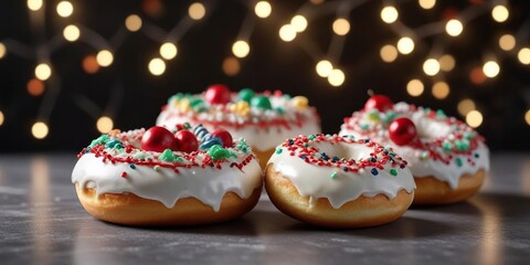 White chocolate donuts decorated with Christmas lights and ornaments on dark background, ornaments, holiday, festive, white chocolate