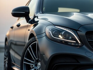 Elegant black car showcasing modern design in sunset lighting at a contemporary location