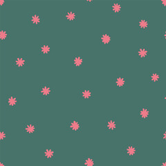 Minimalistic design with small, evenly spaced pink floral shapes scattered across a solid teal background