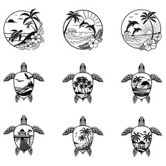 Sea turtle and tropical beach scene illustration Vector