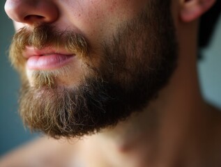 Obraz premium Man with a full beard showcasing intricate facial hair details in natural light indoors