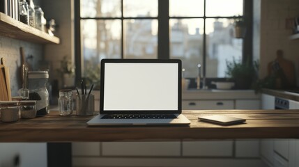 Open laptop with blank screen on a wooden desk in a kitchen room home office