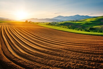A freshly tilled field with neat rows ready for planting, bordered by a backdrop of rolling hills
