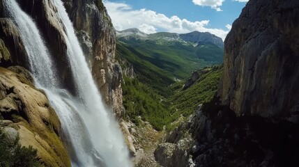 Obraz premium Majestic Waterfall Cascading Down Rocky Cliffs Amidst a Scenic Mountain Valley Landscape