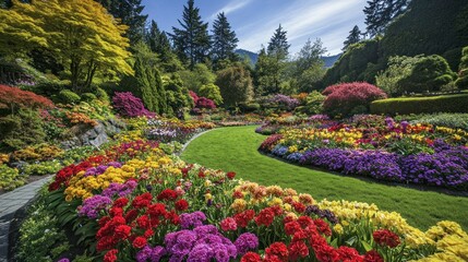 Obraz premium Vibrant multicolor flower garden scenic landscape nature photography outdoor serenity wide angle view botanical beauty