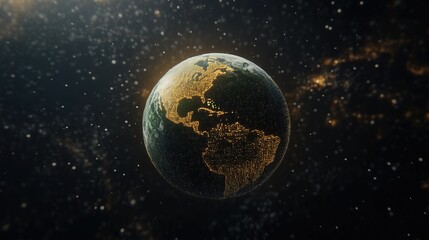 Fototapeta premium Digital representation of Earth with glowing lights and stars in the background.