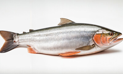 A fresh whole salmon with vibrant silver and pink hues, ideal for healthy seafood dishes, showcasing its rich texture and natural appeal.
