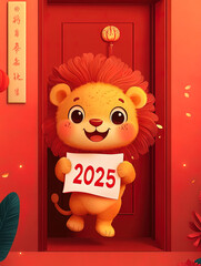 Spring Festival festive poster material, cute little lion holding a 2025 sign, red background, cartoon anime wallpaper
