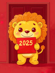 Spring Festival festive poster material, cute little lion holding a 2025 sign, red background, cartoon anime wallpaper
