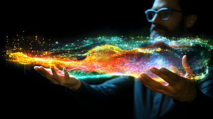 Man in Glasses Manipulating Bright Colorful Energy Waves