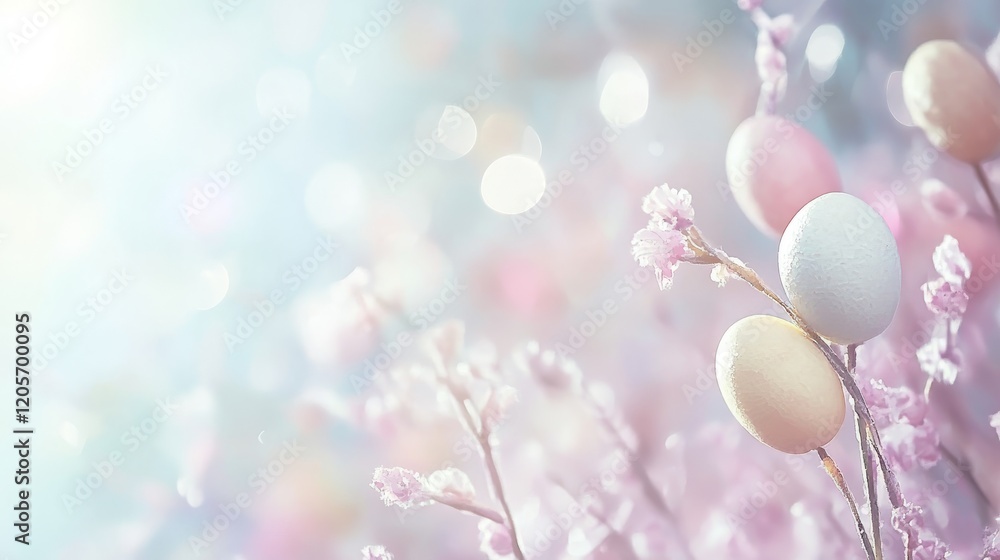 Poster pastel easter eggs and blossoms create a dreamy and festive spring atmosphere with a soft bokeh back