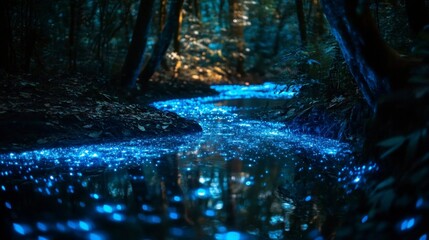 Enchanted forest stream fantasy landscape nature photography luminous environment serene viewpoint dreamlike concept